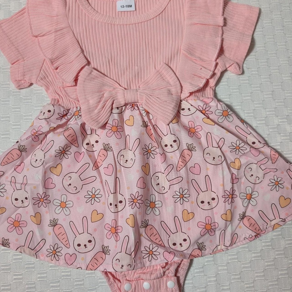 Pink baby dress with bunny, carrot, and heart print, size 12-18 month